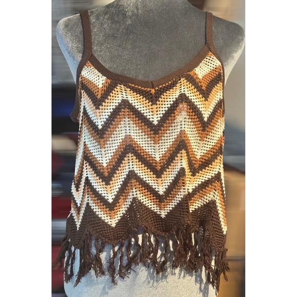 Almost Famous Tops - Y2K Chevron Crochet Fringe Crop Top Boho Festival Cami XL